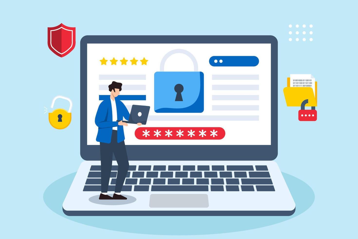 Flat illustration of developer reviewing security code on laptop with encryption symbols hovering vector