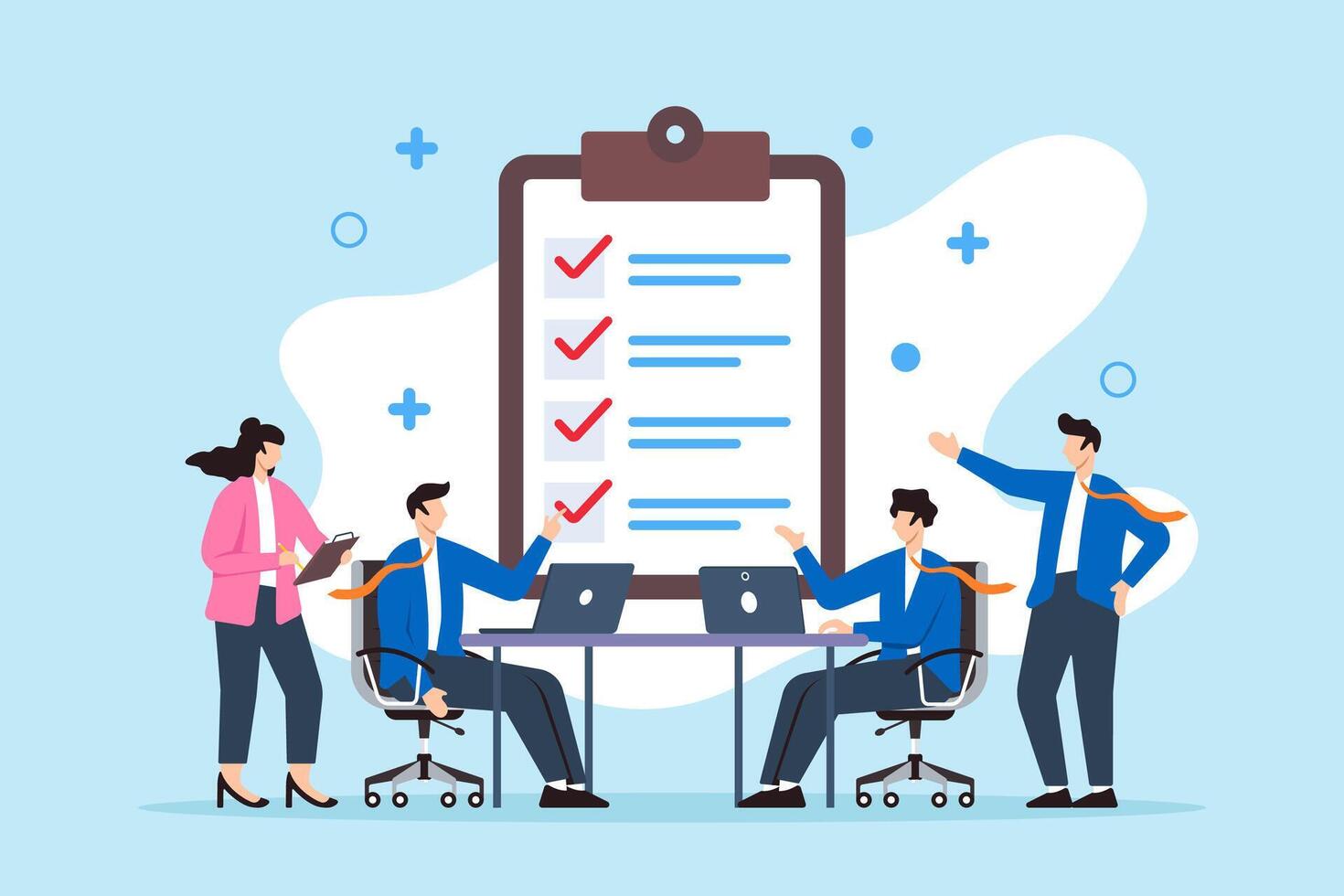 Flat illustration of business people meeting with agenda checklist discussing strategy and teamwork planning vector