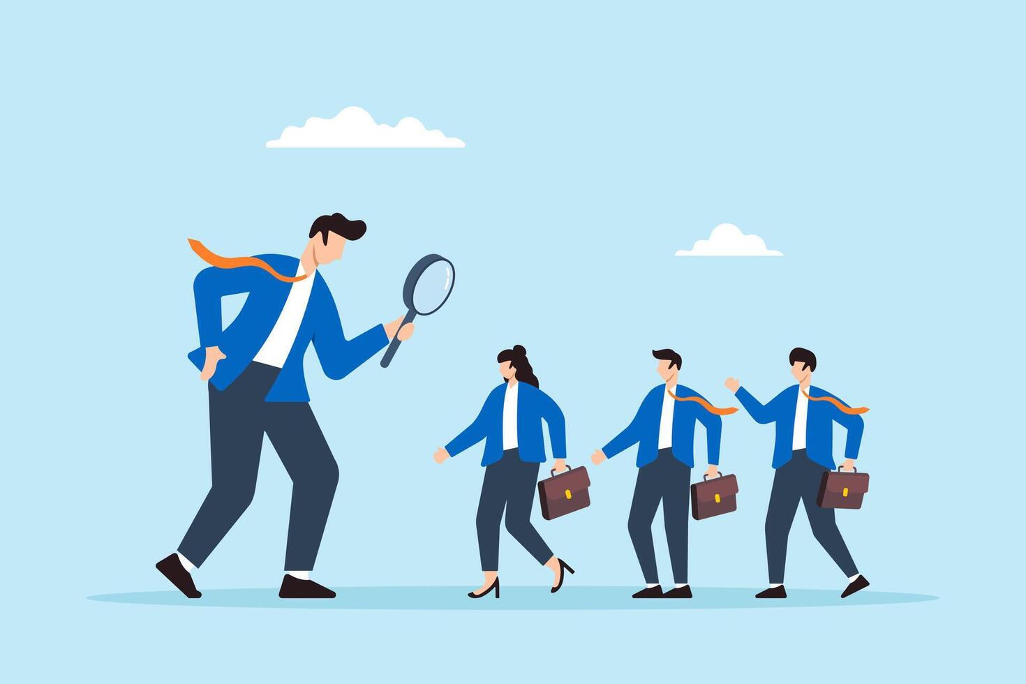 Flat illustration of businessman analyzes employee or job candidates for recruitment evaluating performance vector