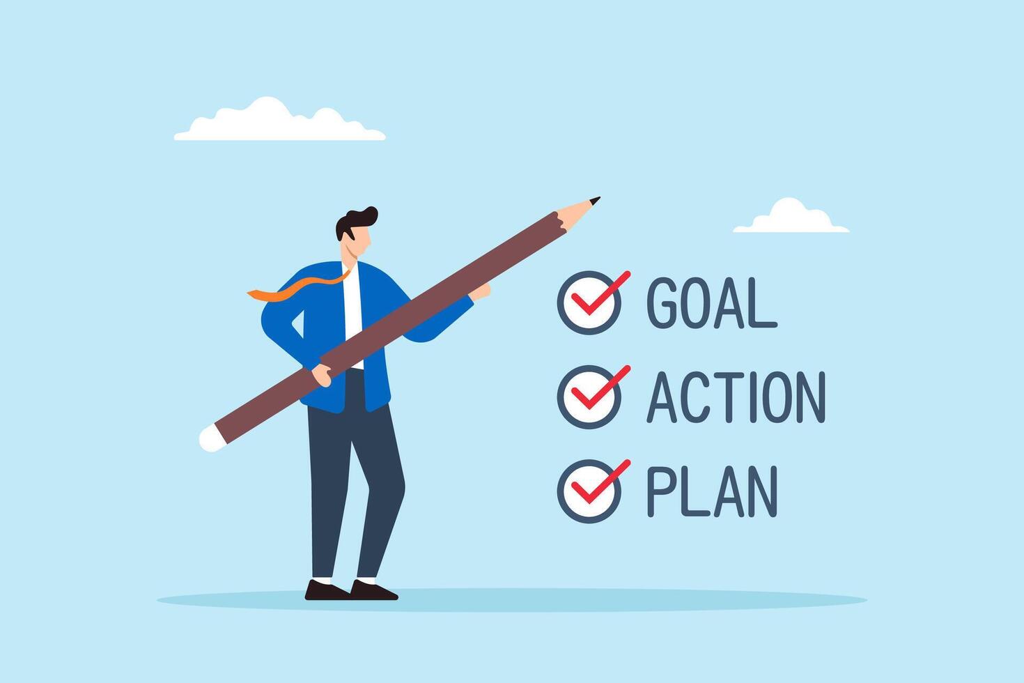 Flat illustration of businessman holds pencil with goal action plan checklist working towards business strategy vector