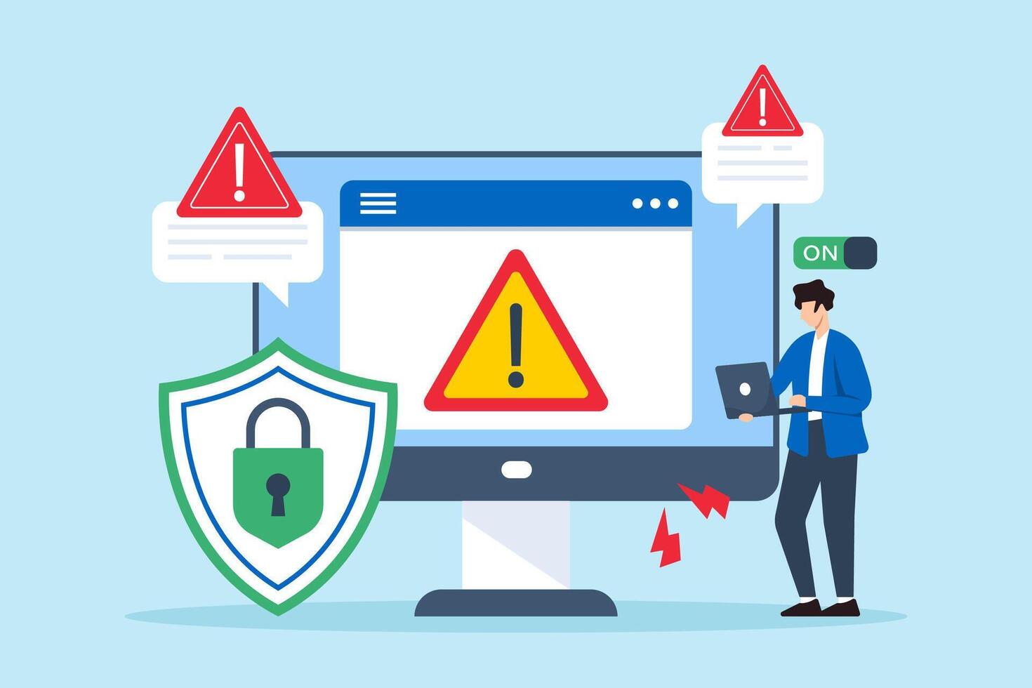 Flat illustration of security expert activating antivirus software on computer with malware blocked warning vector