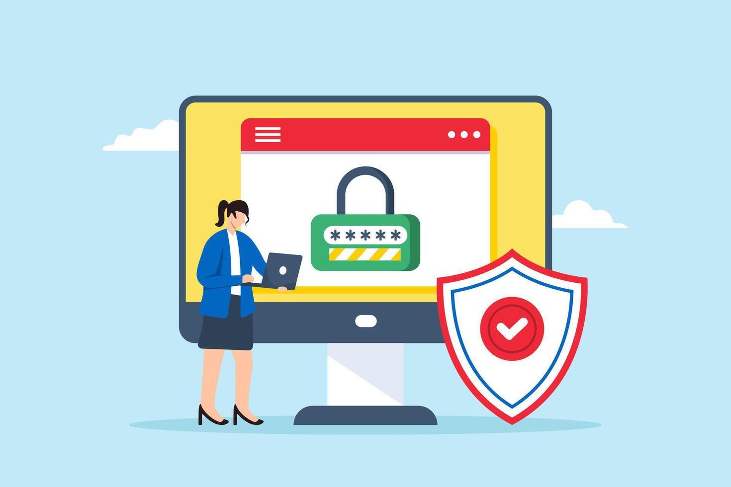 Flat illustration of employee inputting strong password on computer with secure login vector