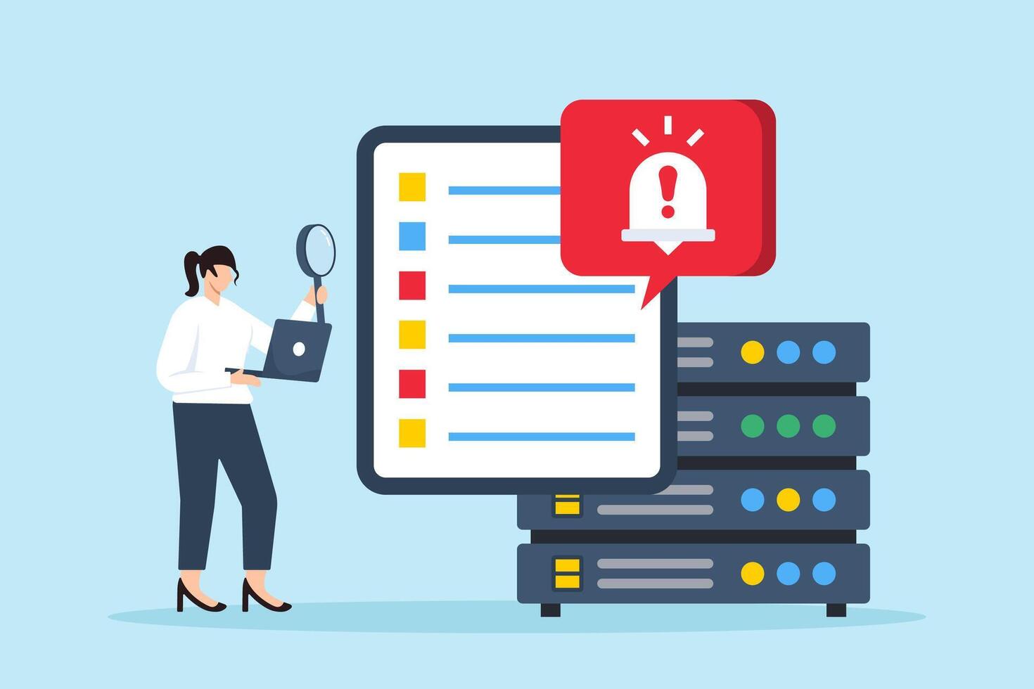 Flat illustration of data security expert inspecting security logs with alert notifications popping up vector