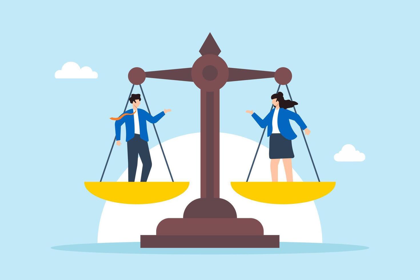 Flat illustration of businessman and businesswoman stand on balanced scales representing workplace gender equality vector