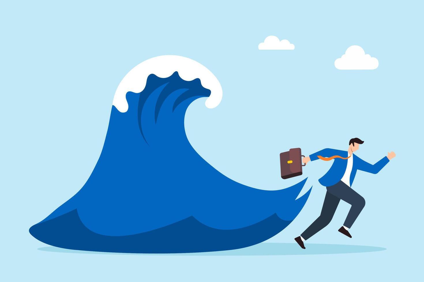 Flat illustration of businessman escapes from dangerous wave symbolizing running away from business crisis. vector
