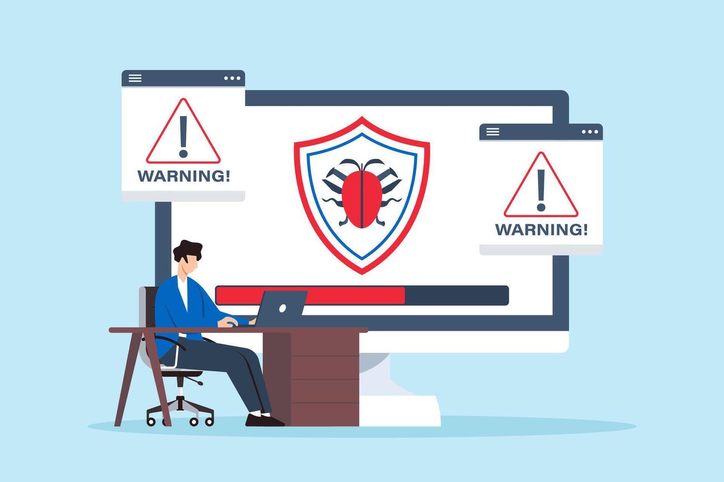 Flat illustration of technician installing anti-malware software on computer with virus scan in progress vector