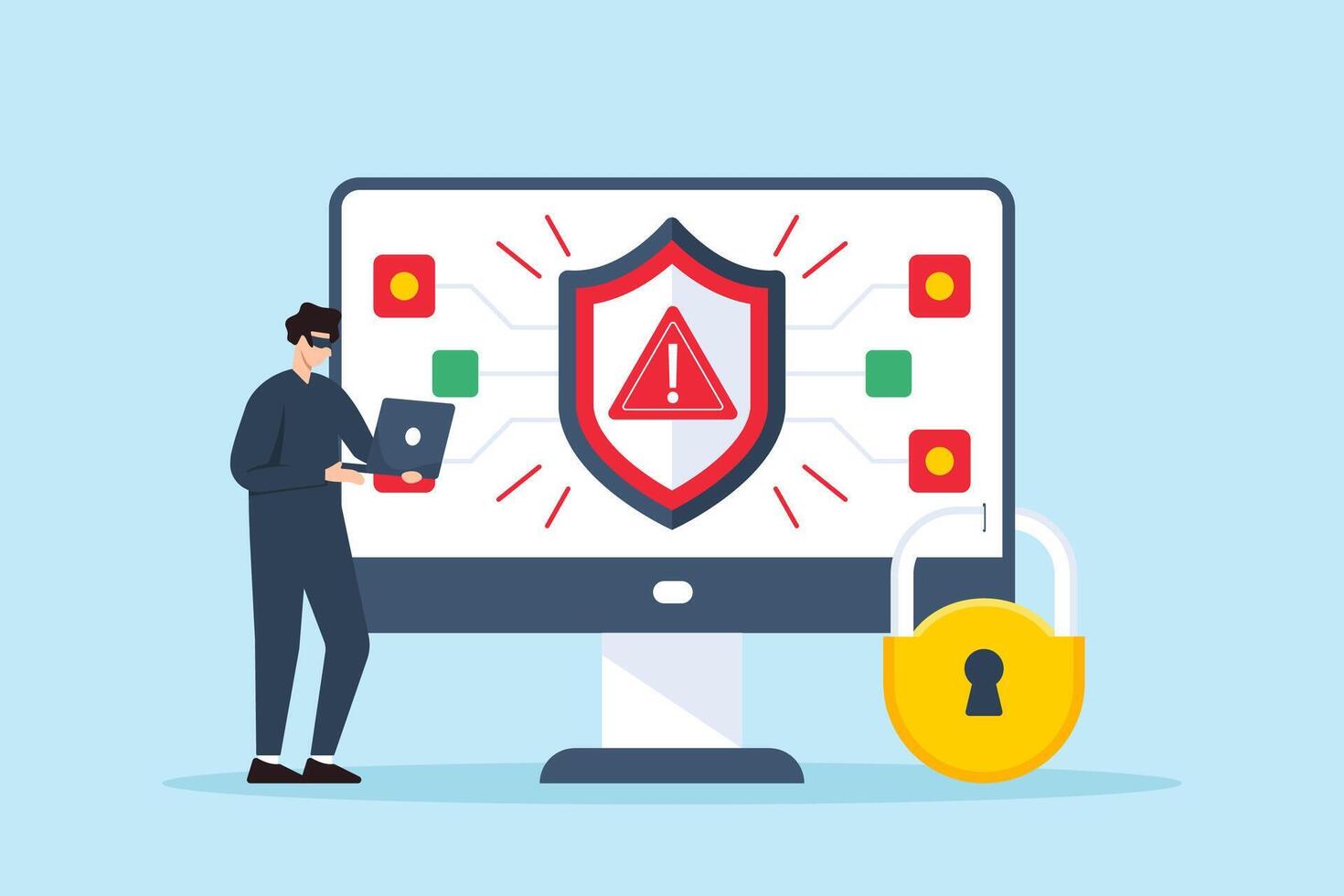 Flat illustration of hacker attempting breach while security system blocks access with red alert vector