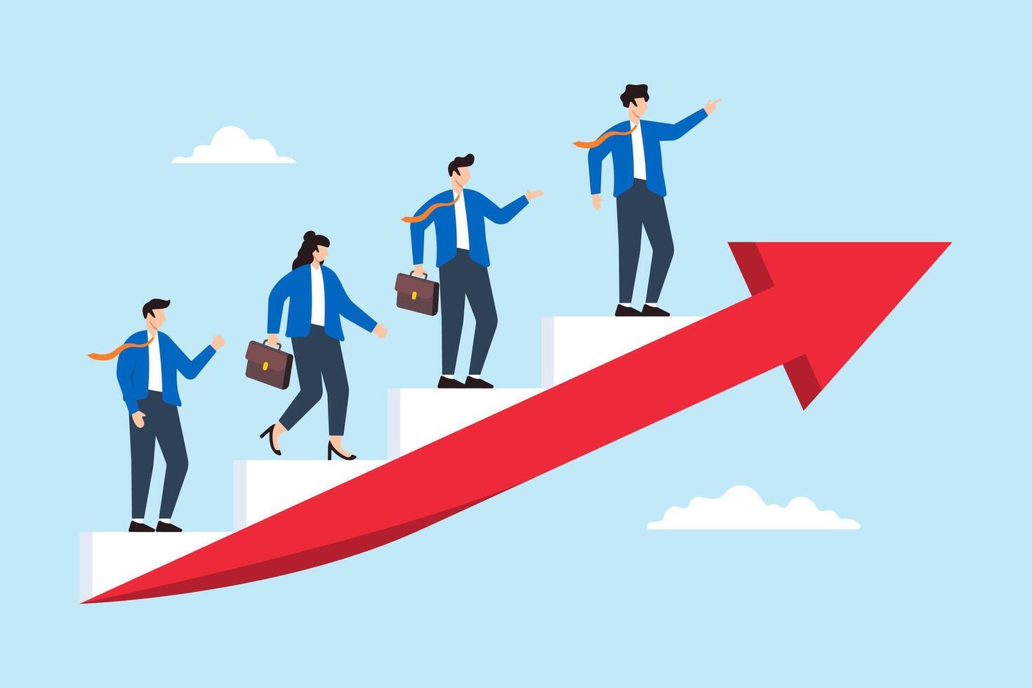 Flat illustration of business people step up rising growth arrow symbolizing sustainable business success vector