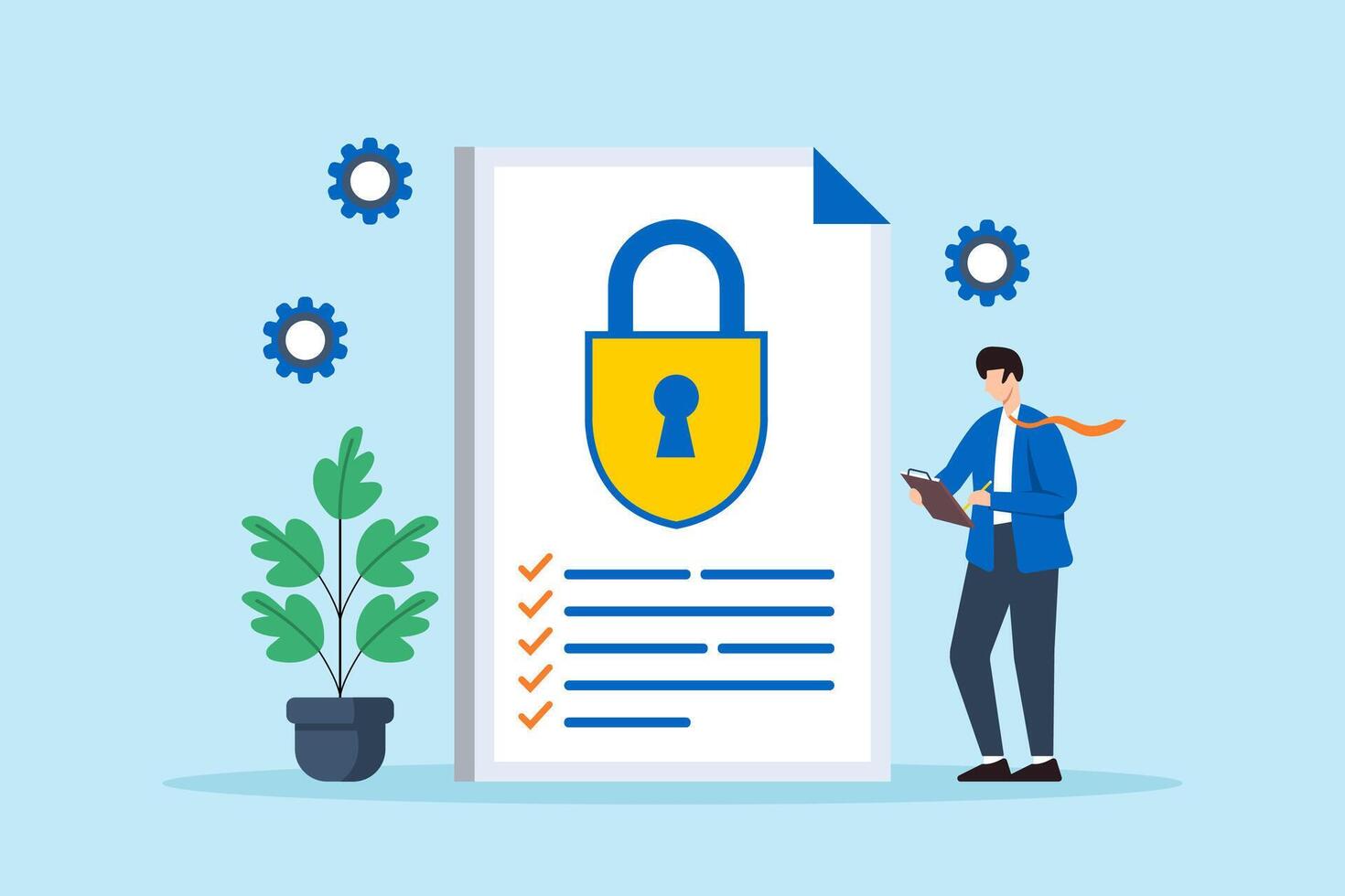 Flat illustration of man reviewing security policies and protocols to ensure compliance with industry standards vector