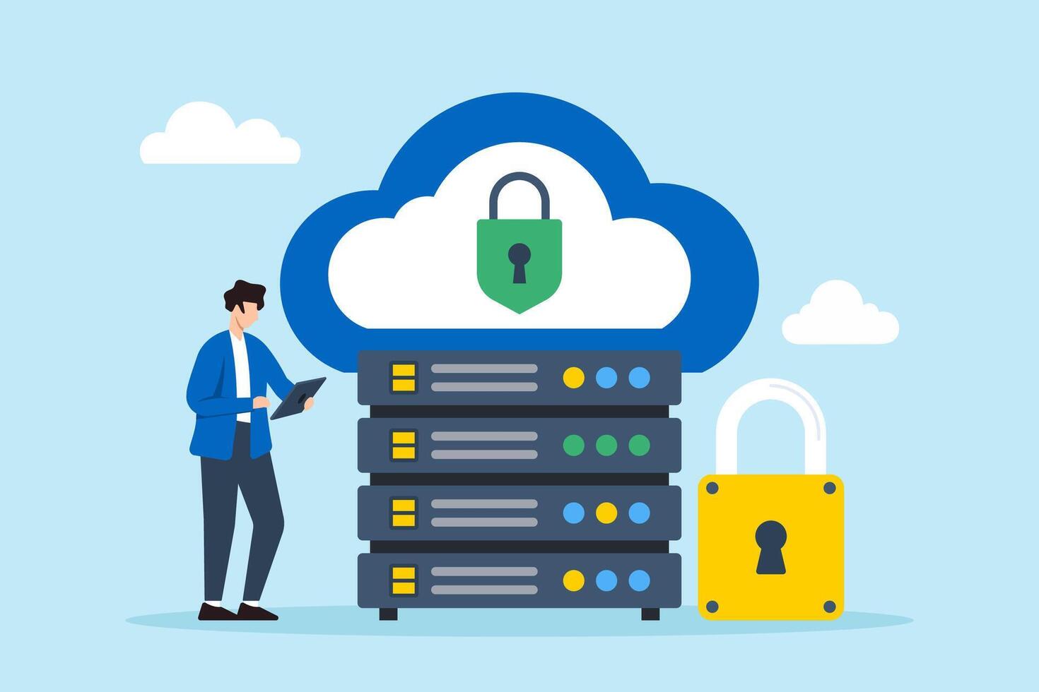 Flat illustration of network administrator securing cloud data storage with encrypted lock symbols vector