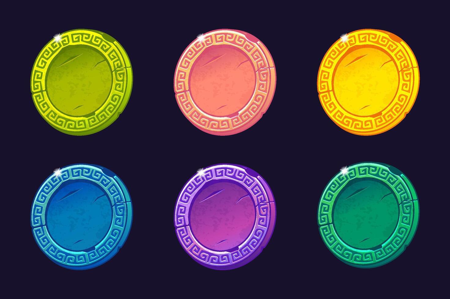 Set of colored coins with ornament. Blank coins template for your design. Blank medals. Round icons for 2D game or slots vector