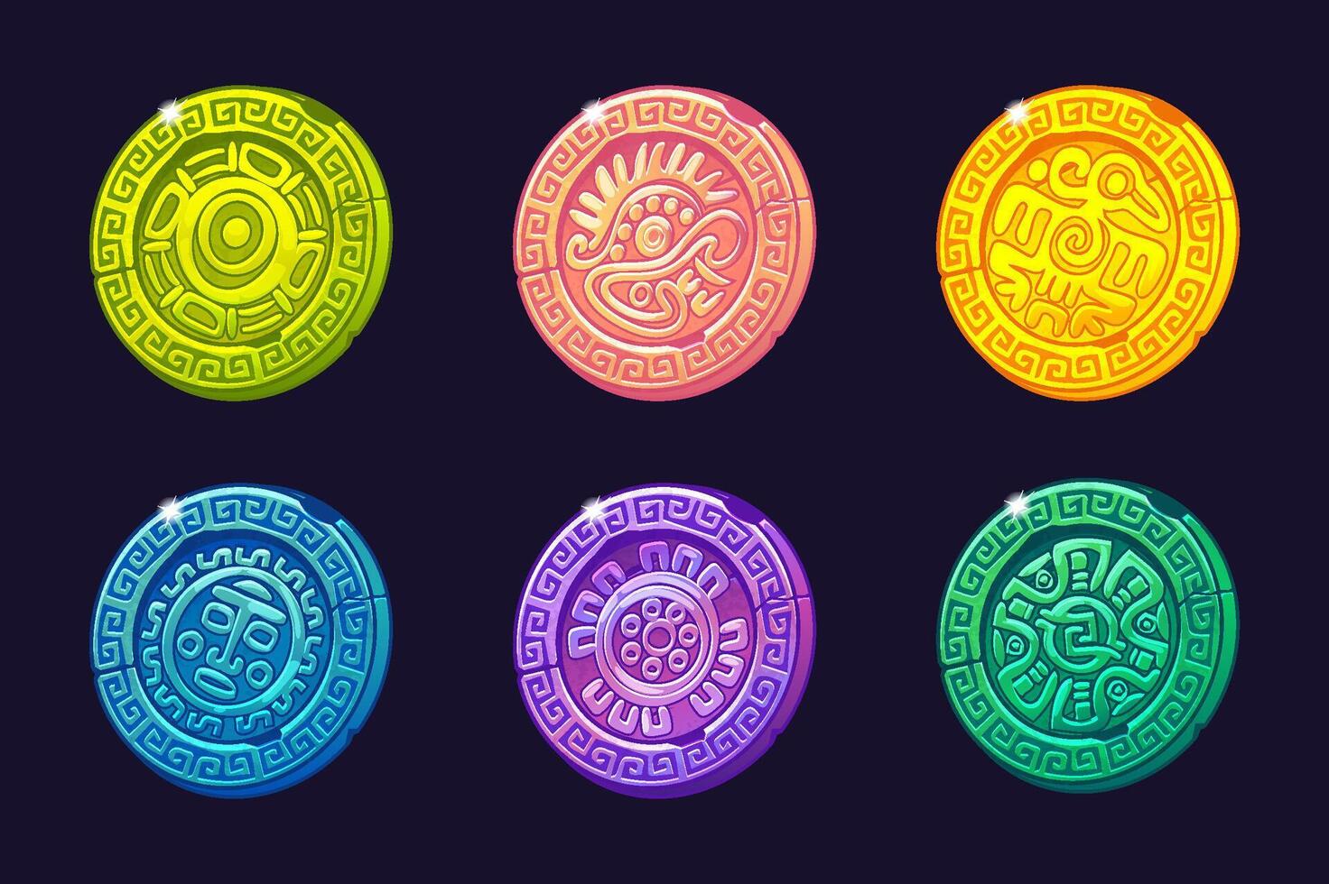Set of colored coins with ornament and symbols of ancient Aztec Civilization, colored hieroglyphs of the Maya calendar for the development 2D Games and Casino or Slots. vector