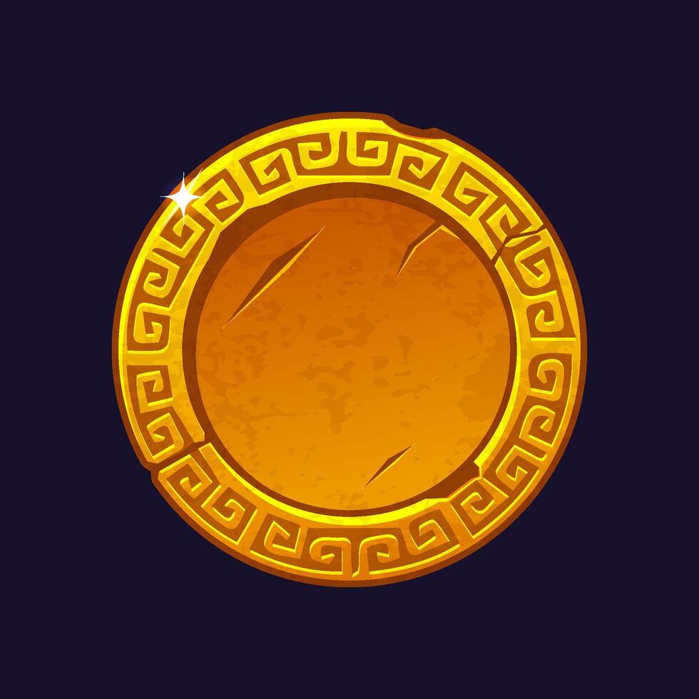 Gold-old frame or coin with ornament. Blank coin template for your design. Gold blank medal. Round icon for 2D game or slots vector