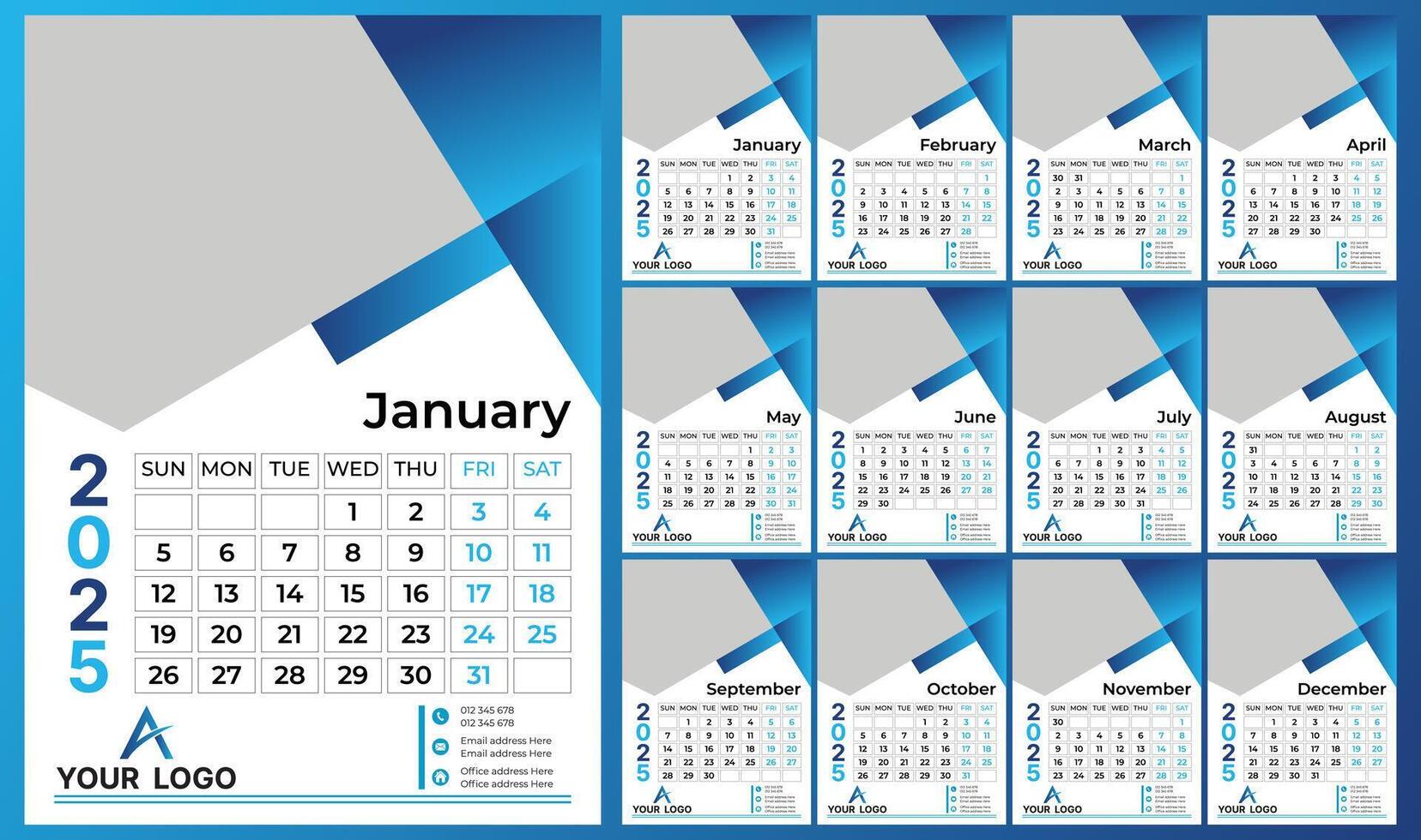 2025 Wall calendar template 12 page, Week starts on Sunday, Simple vertical calendar design template vector