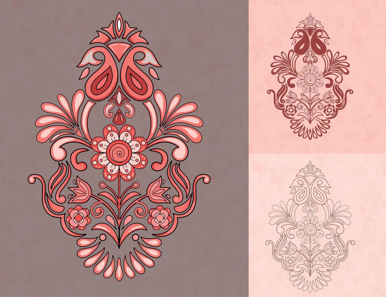 Floral Ornament Design with Multiple Color Variations - Red and Gray Scheme vector