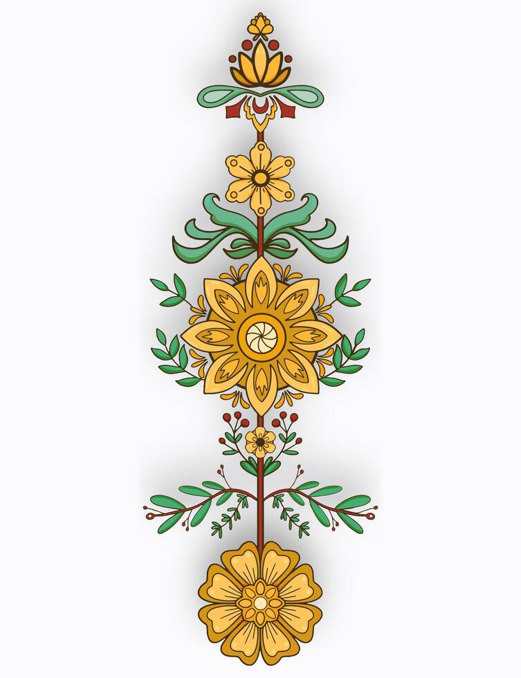 A flower with a yellow center and green leaves. The flower is surrounded by other flowers. The flowers are arranged in a line vector
