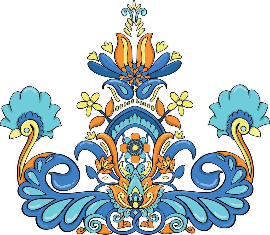 This vibrant ornamental design features a symmetrical arrangement of floral and leaf-like elements, rendered in bright blue, orange, and yellow hues. vector