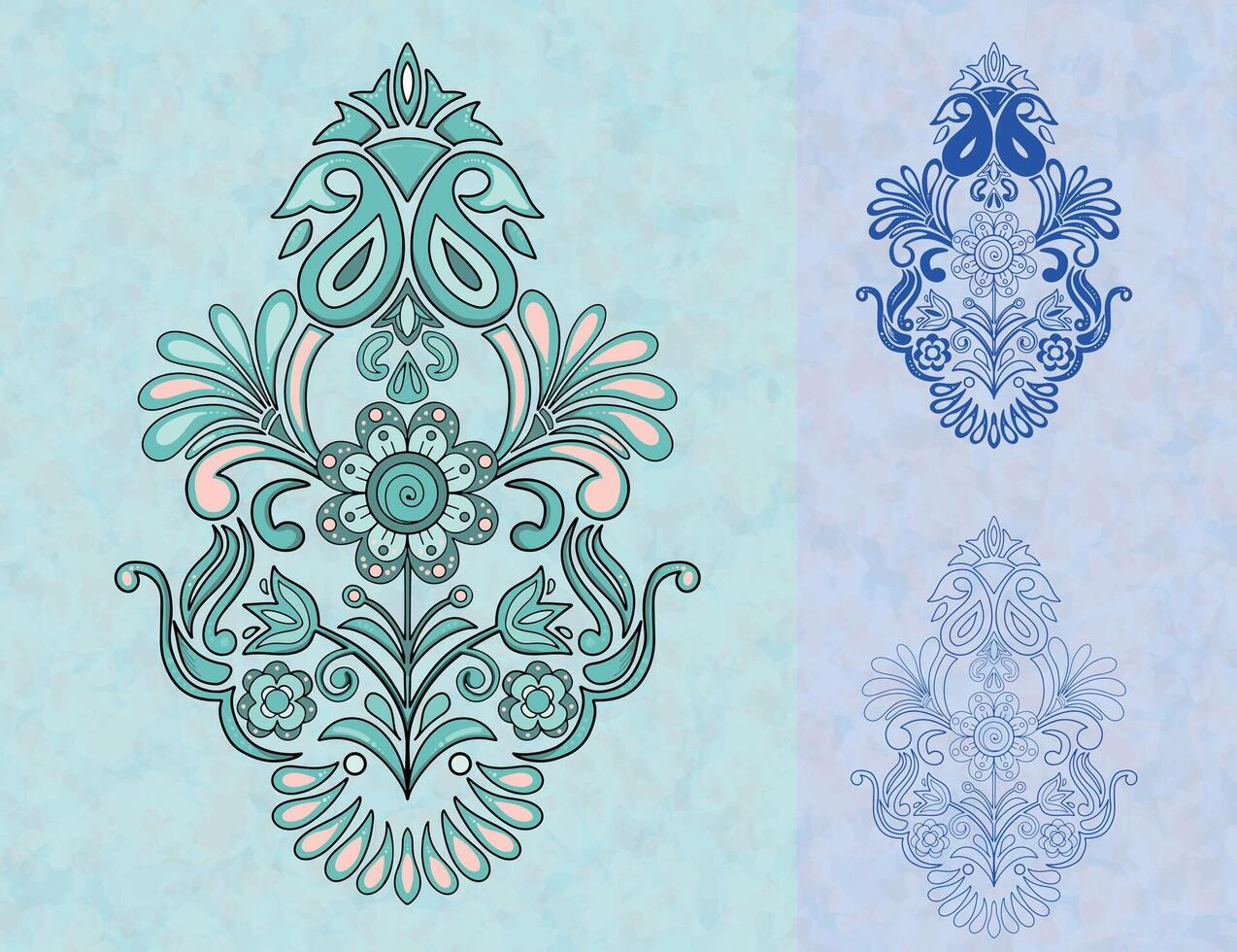 Elegant Floral Ornament Design in Blue and Green Color Palettes vector