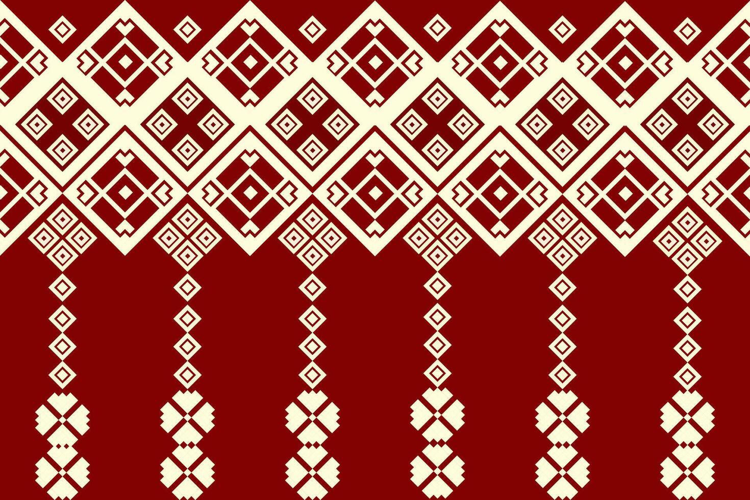A Red and White Ethnic Pattern with a Diamond pattern, Embroidery Oriental Pixel, Geometric fabric pattern cross stitch, Seamless For texture,clothing,scarf,decoration,carpet,curtains vector