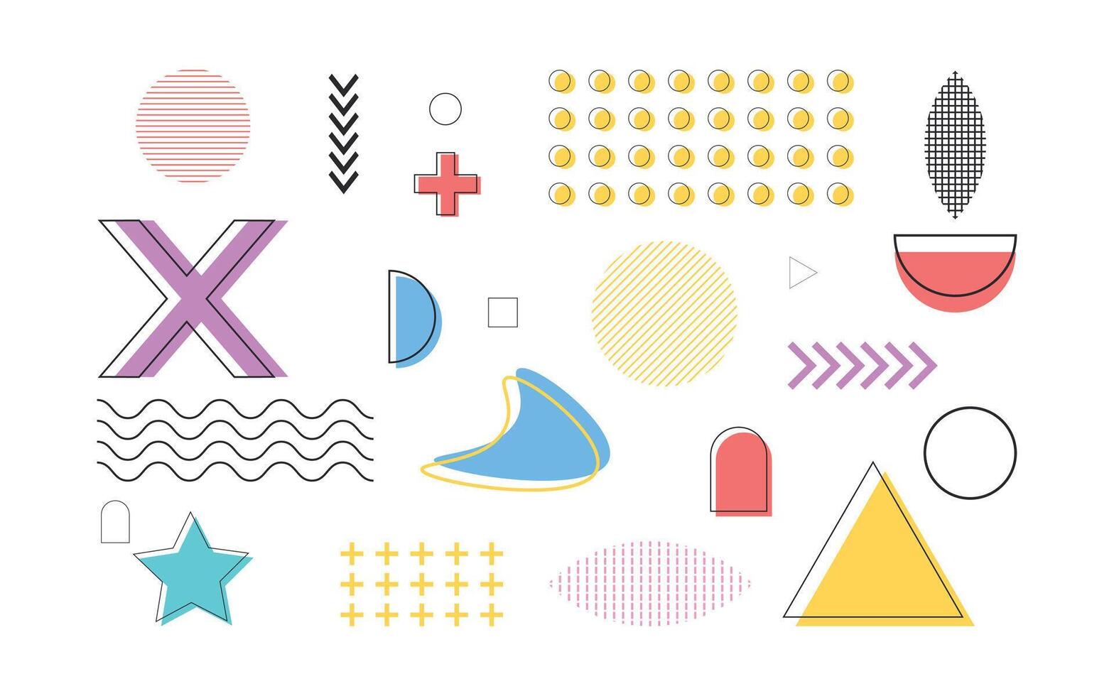 Set design elements, geometric shapes for Memphis style isolated on white background. vector