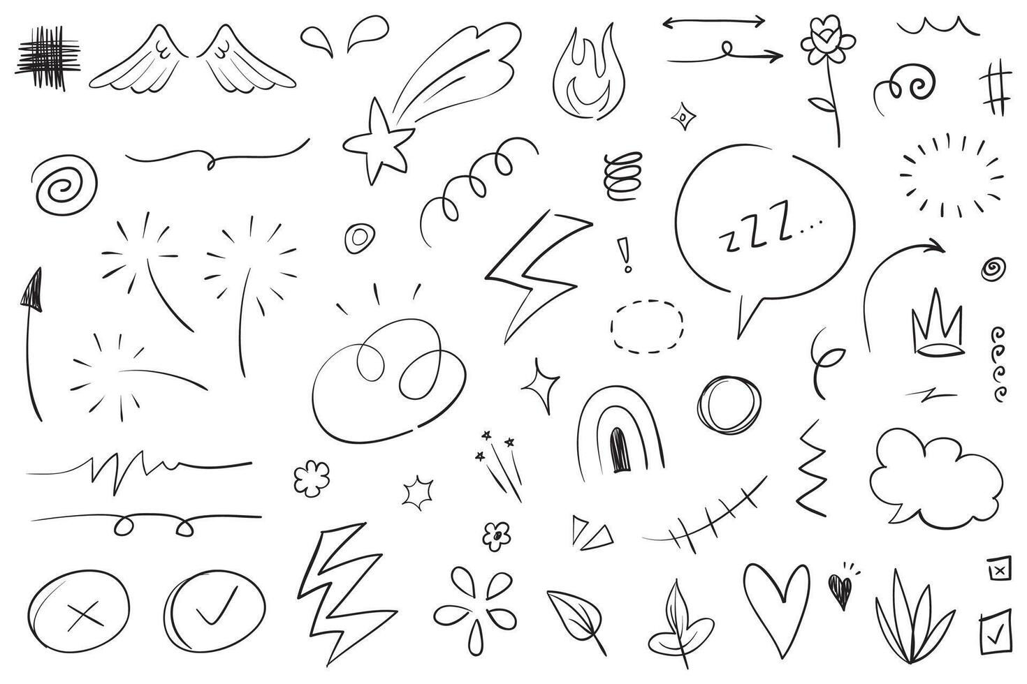 Doodle set of hand-drawn cartoony expression sign doodle, curve directional arrows, emoticon effects design elements, cartoon character emotion symbols, cute decorative brush stroke lines. vector