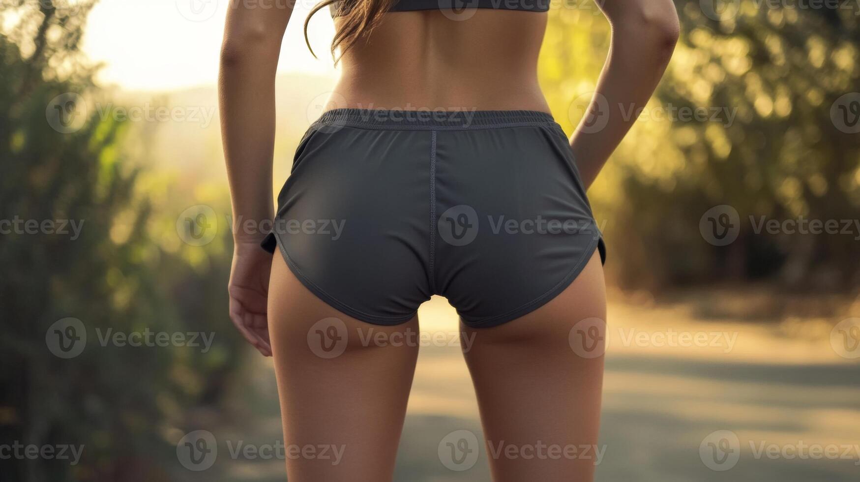 A fit woman dressed in stylish sporty shorts. Sporty buttocks in tight shorts photo