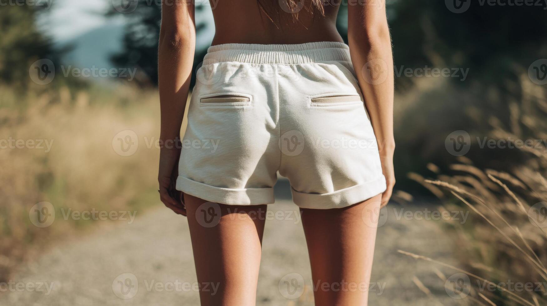 Woman dressed in beautifully white stylish shorts stands amidst stunning nature photo