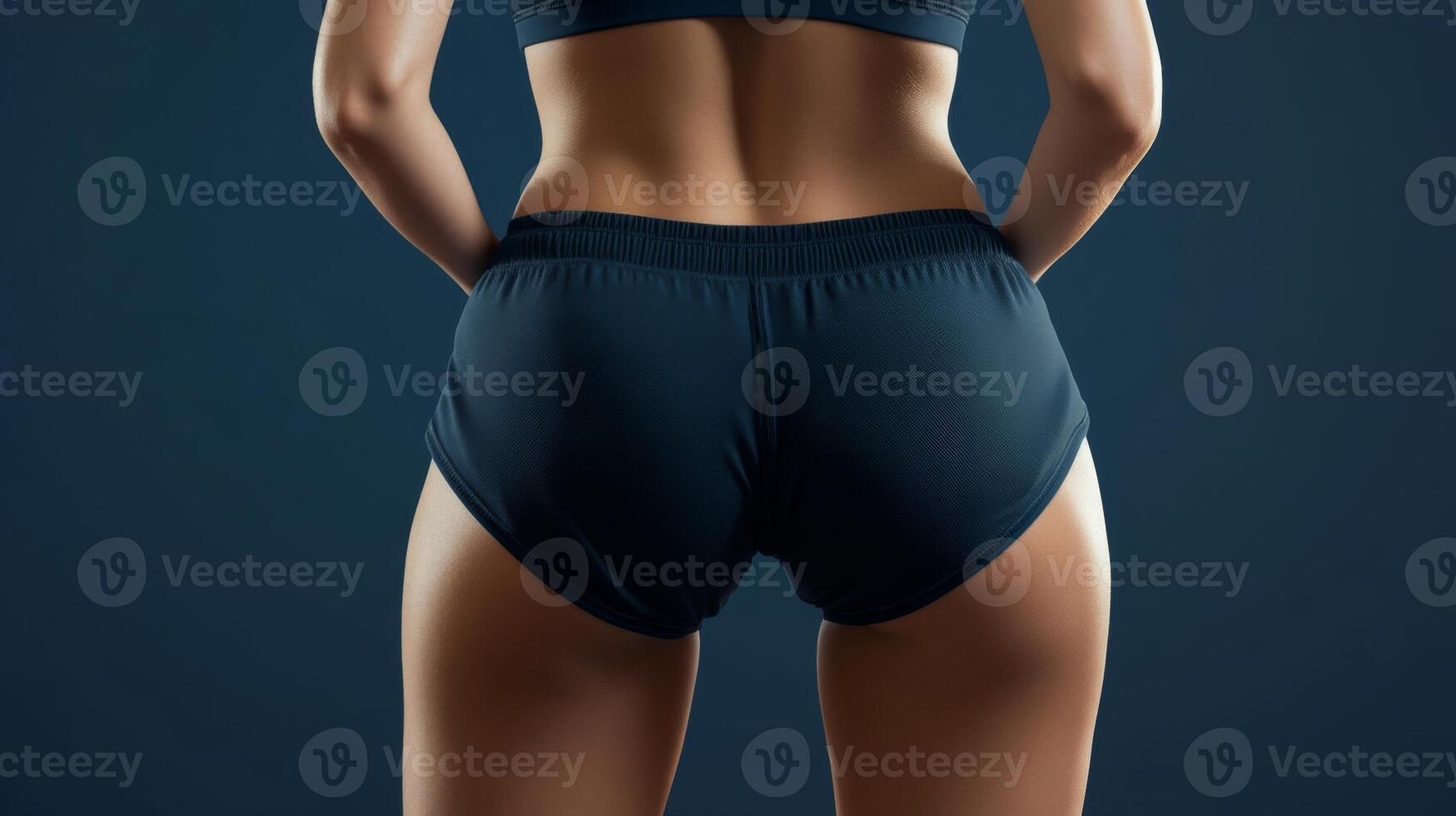 A fit woman dressed in stylish sporty shorts. Sporty buttocks in tight shorts photo