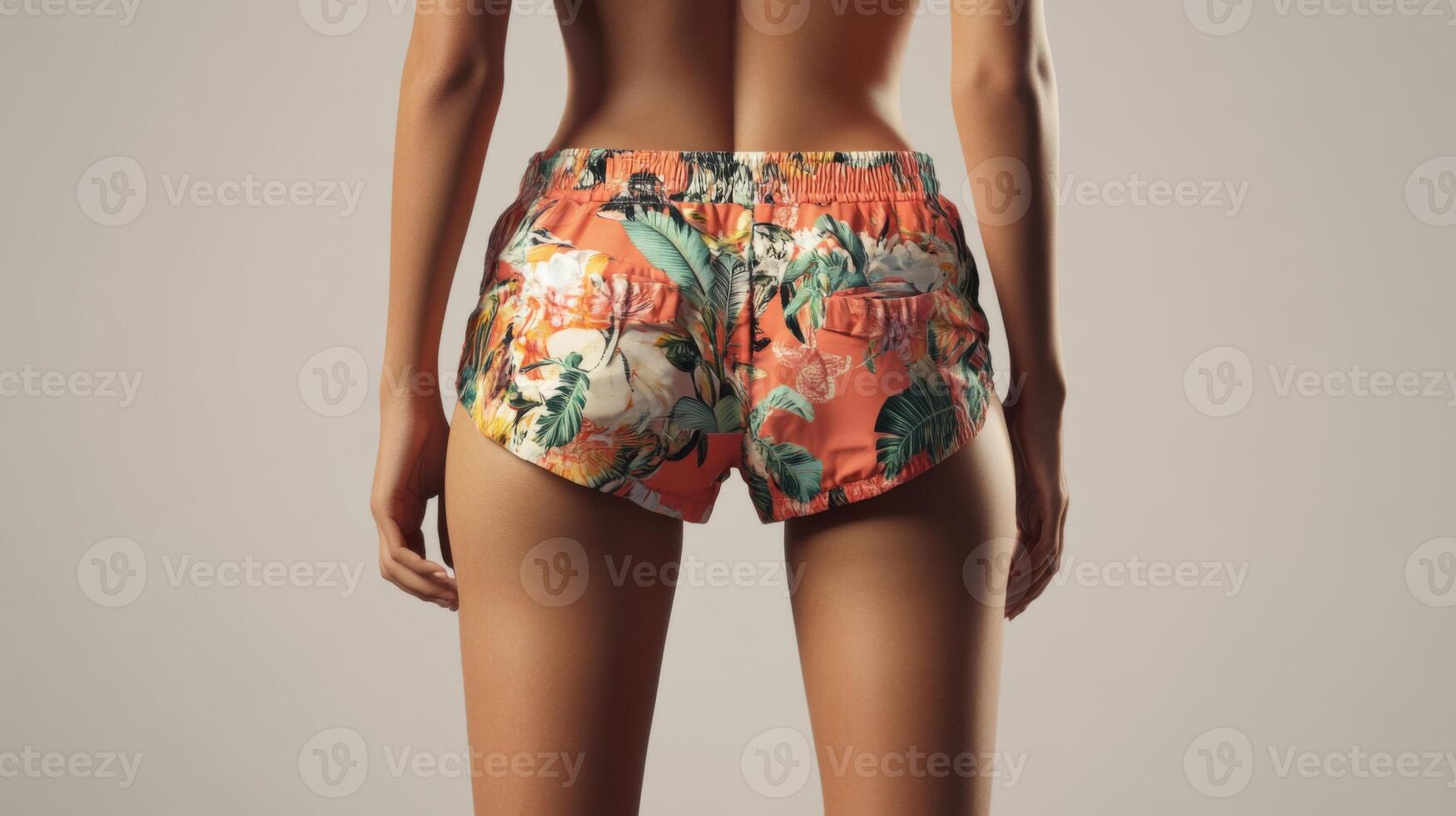 A fit woman dressed in stylish sporty shorts. Sporty buttocks in tight shorts photo