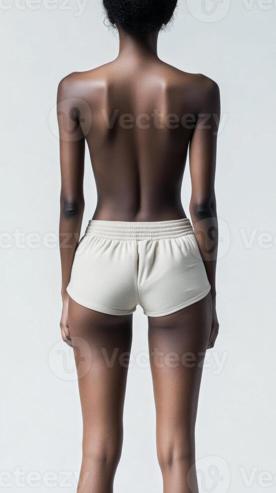 A fit woman dressed in stylish sporty shorts. Sporty buttocks in tight shorts photo