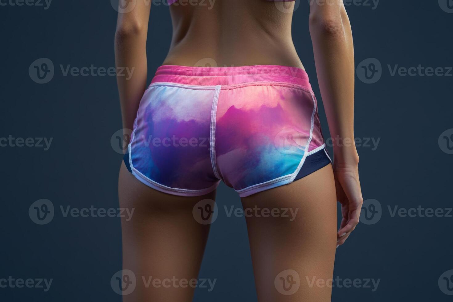 A fit woman dressed in stylish sporty shorts. Sporty buttocks in tight shorts photo