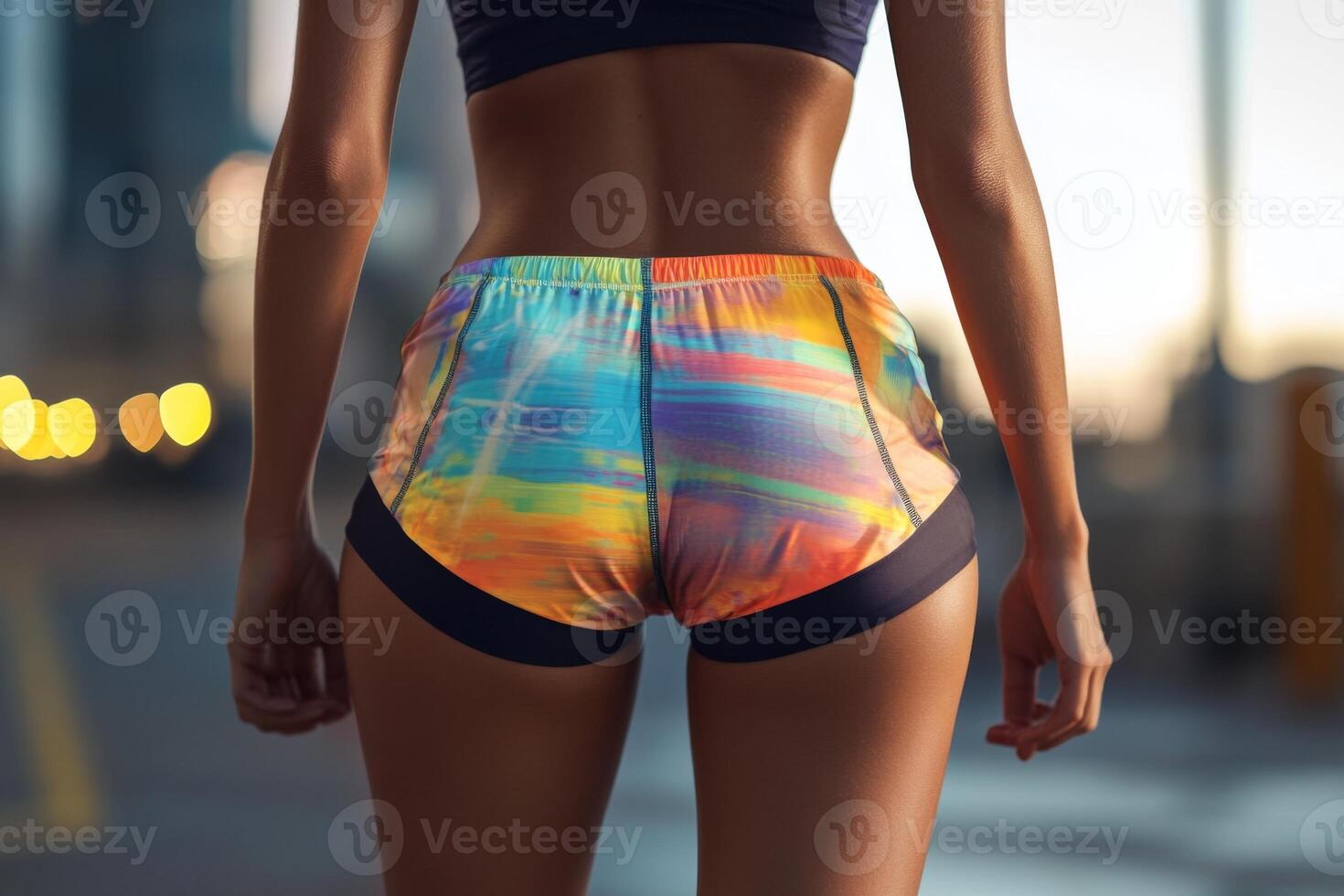 A fit woman dressed in stylish sporty shorts. Sporty buttocks in tight shorts photo