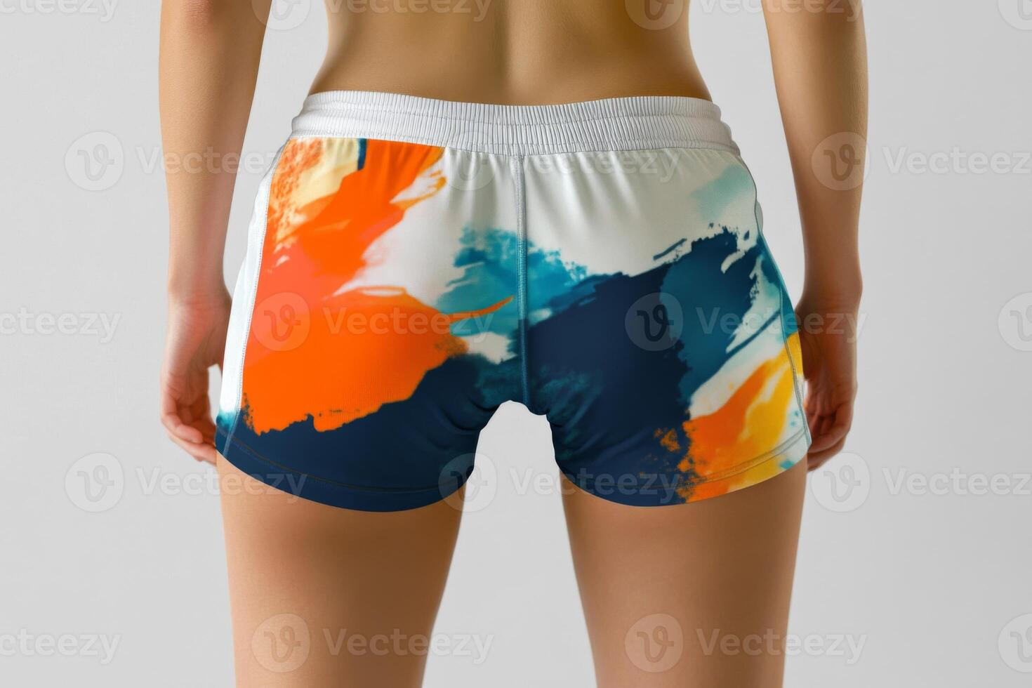 A fit woman dressed in stylish sporty shorts. Sporty buttocks in tight shorts photo