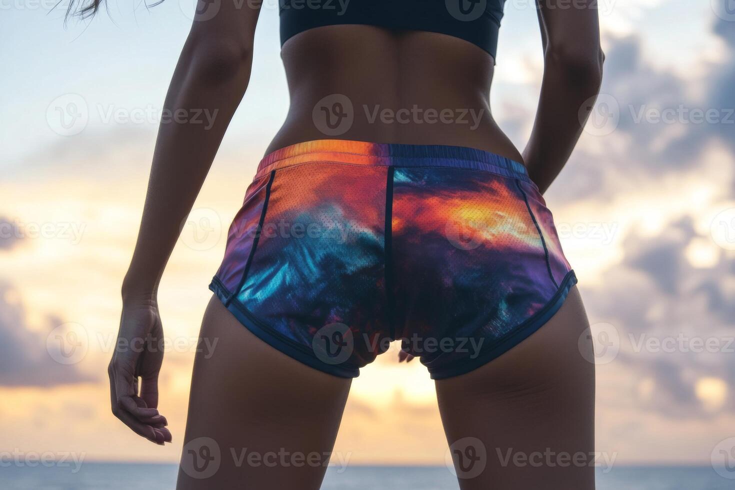 A fit woman dressed in stylish sporty shorts. Sporty buttocks in tight shorts photo