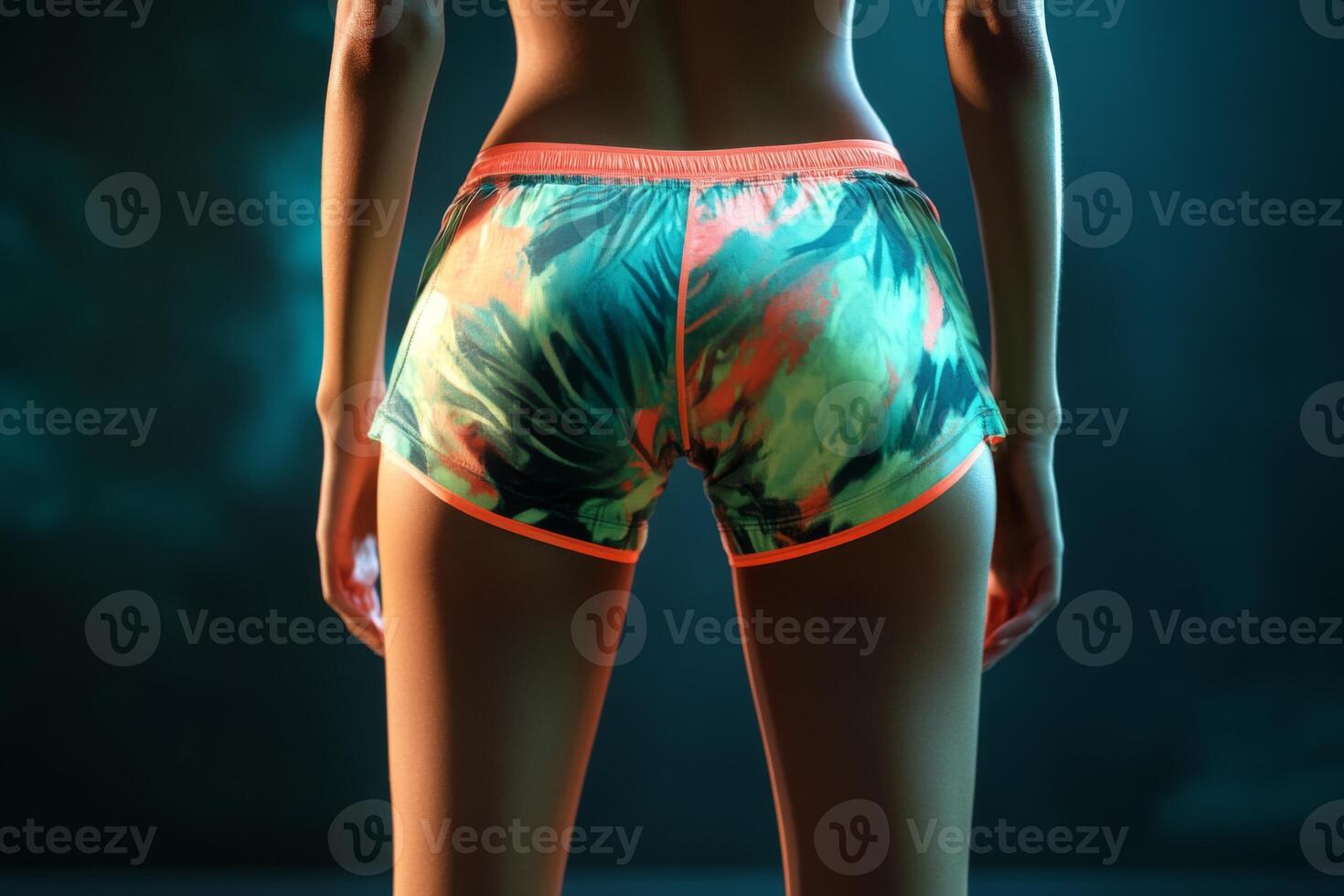 A fit woman dressed in stylish sporty shorts. Sporty buttocks in tight shorts photo