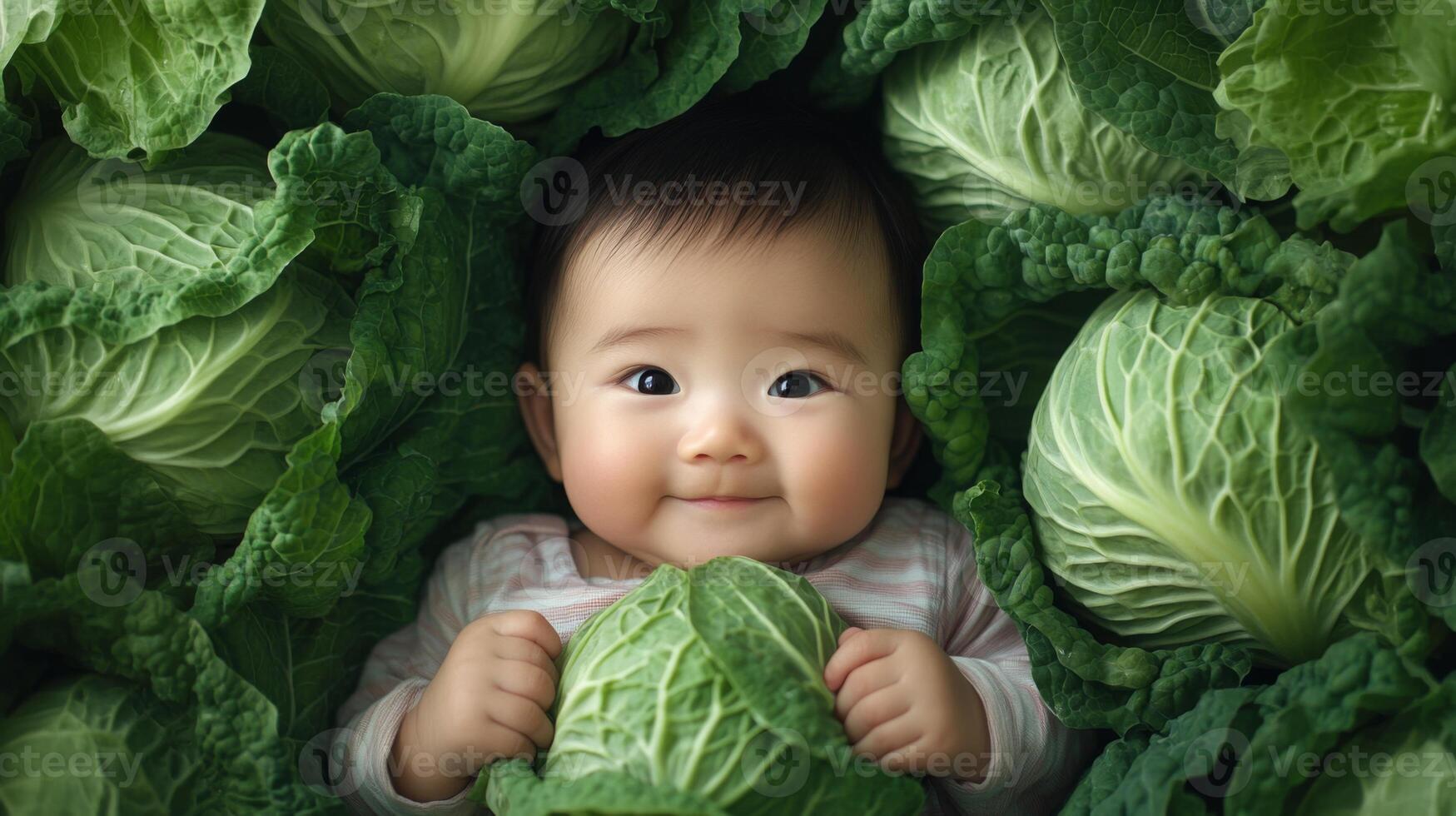 Newborn asian baby lying in fresh green cabbage. Cute funny child. Top view Happy childhood photo