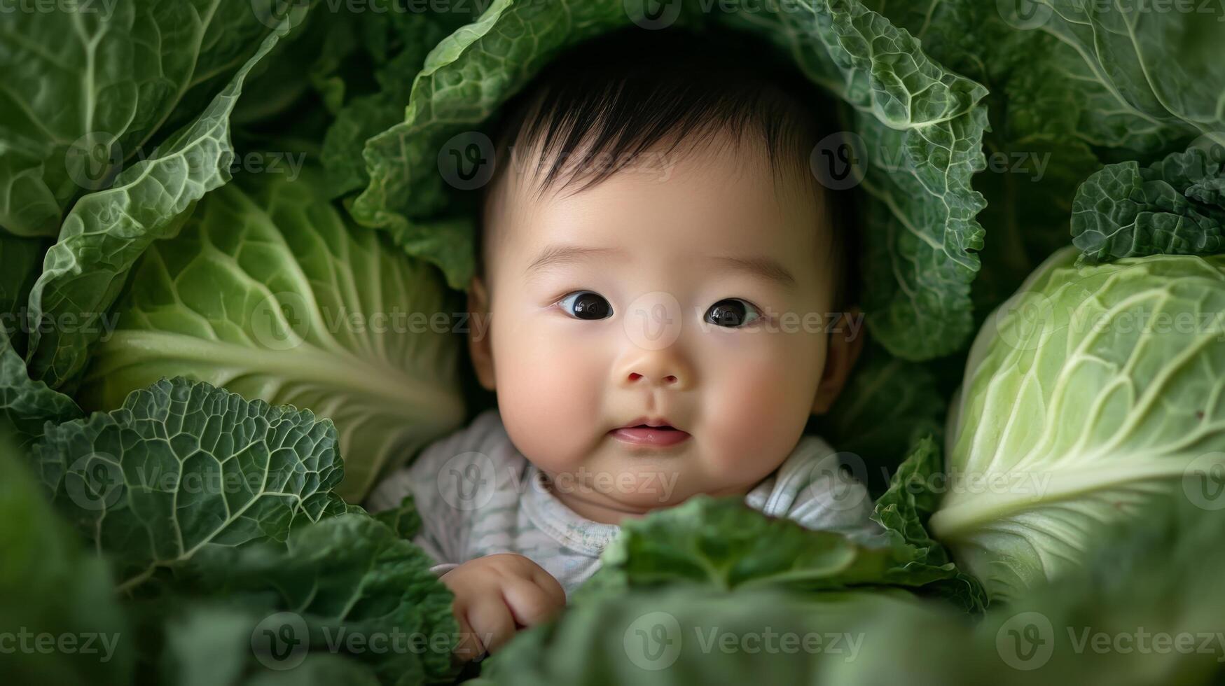 Newborn asian baby lying in fresh green cabbage. Cute funny child. Top view Happy childhood photo