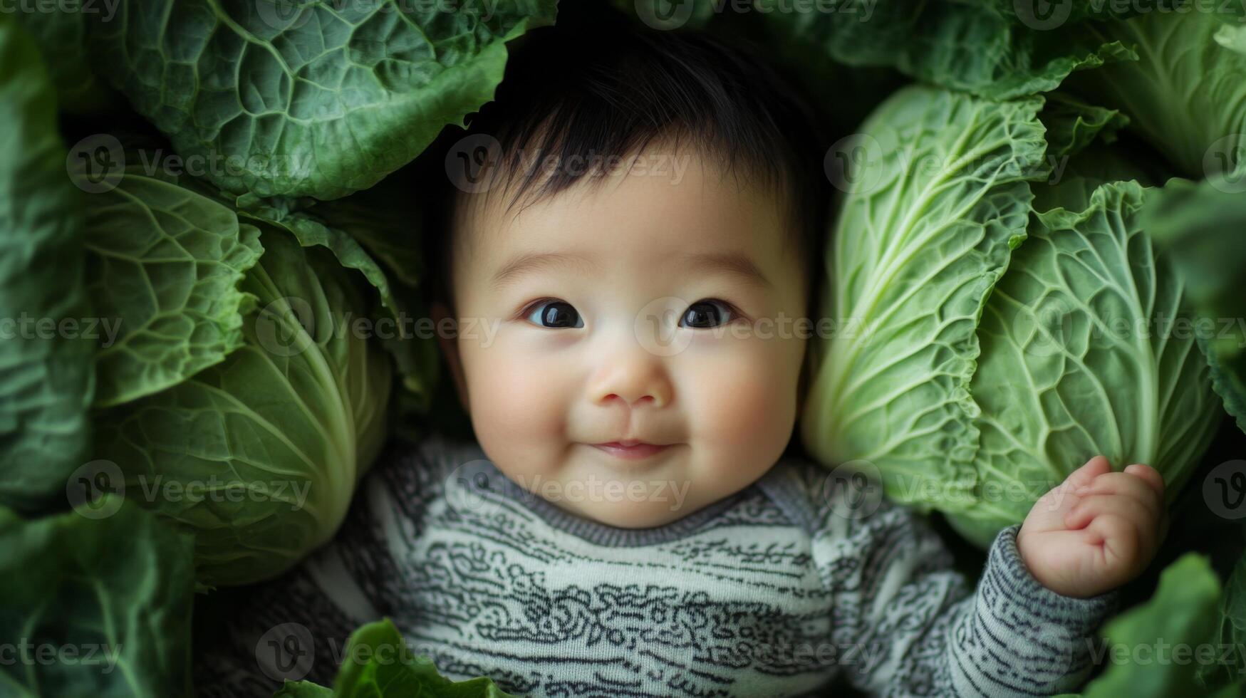 Newborn asian baby lying in fresh green cabbage. Cute funny child. Top view Happy childhood photo