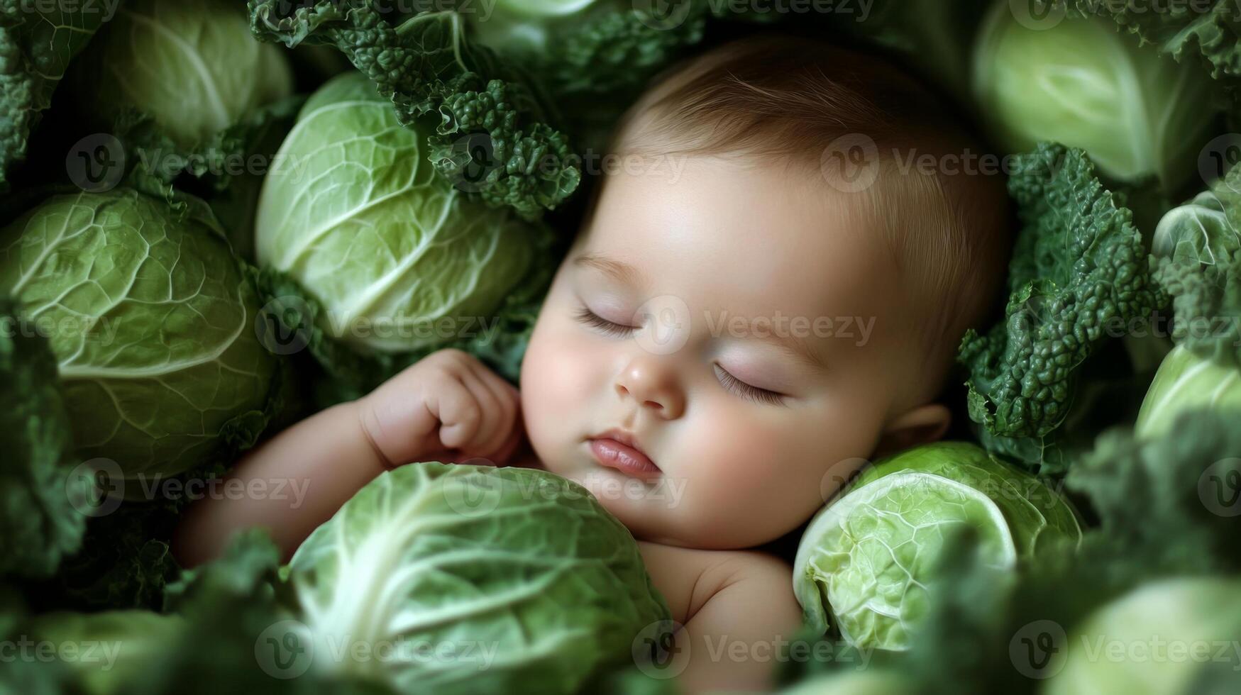 Newborn baby lying in fresh green cabbage. Cute funny child. Top view Happy childhood photo