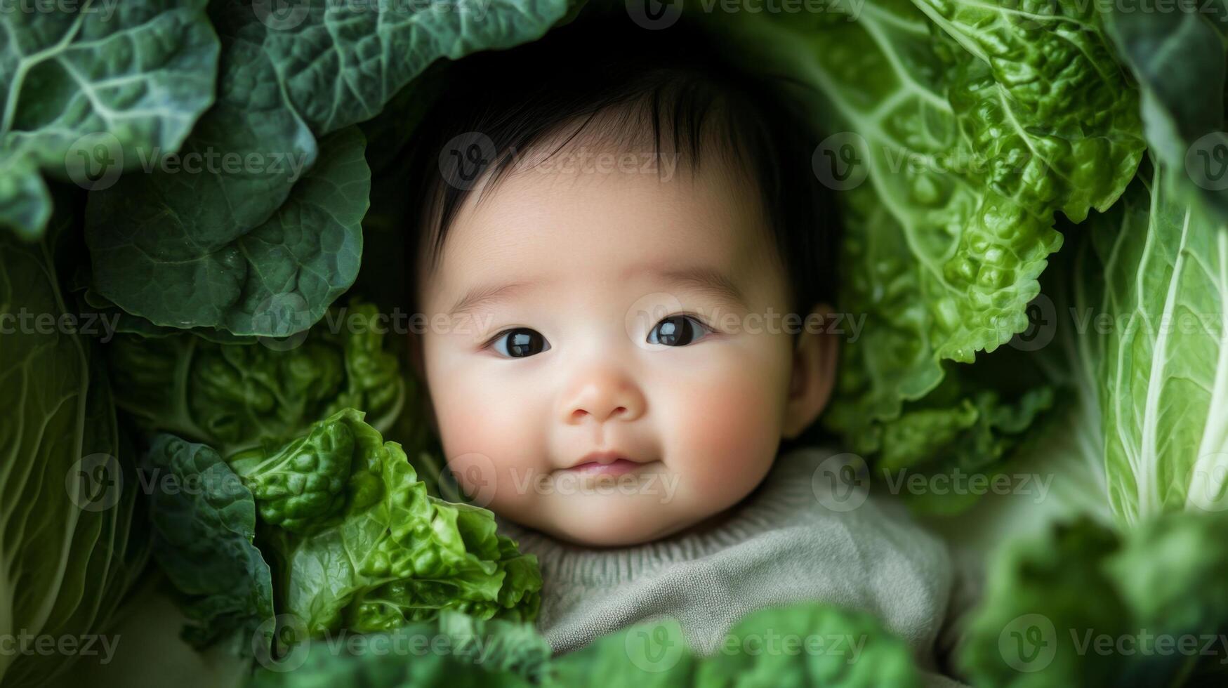 Newborn asian baby lying in fresh green cabbage. Cute funny child. Top view Happy childhood photo