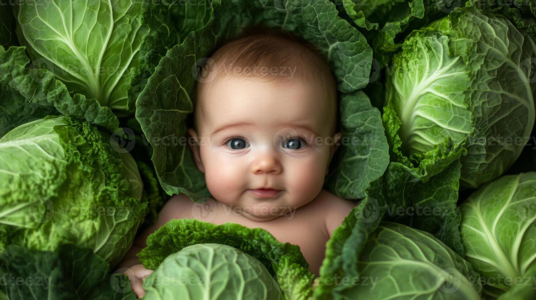 Newborn baby lying in fresh green cabbage. Cute funny child. Top view Happy childhood photo