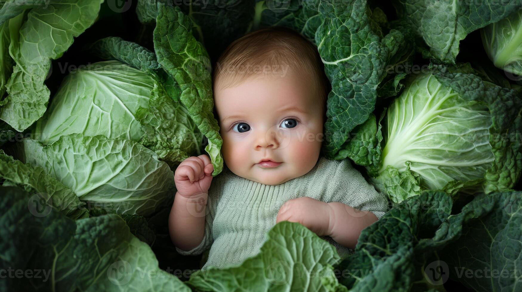 Newborn baby lying in fresh green cabbage. Cute funny child. Top view Happy childhood photo