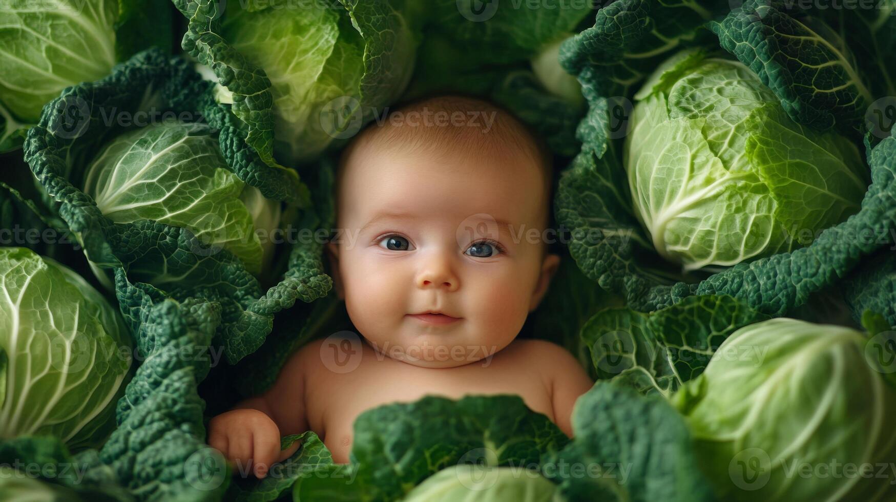 Newborn baby lying in fresh green cabbage. Cute funny child. Top view Happy childhood photo