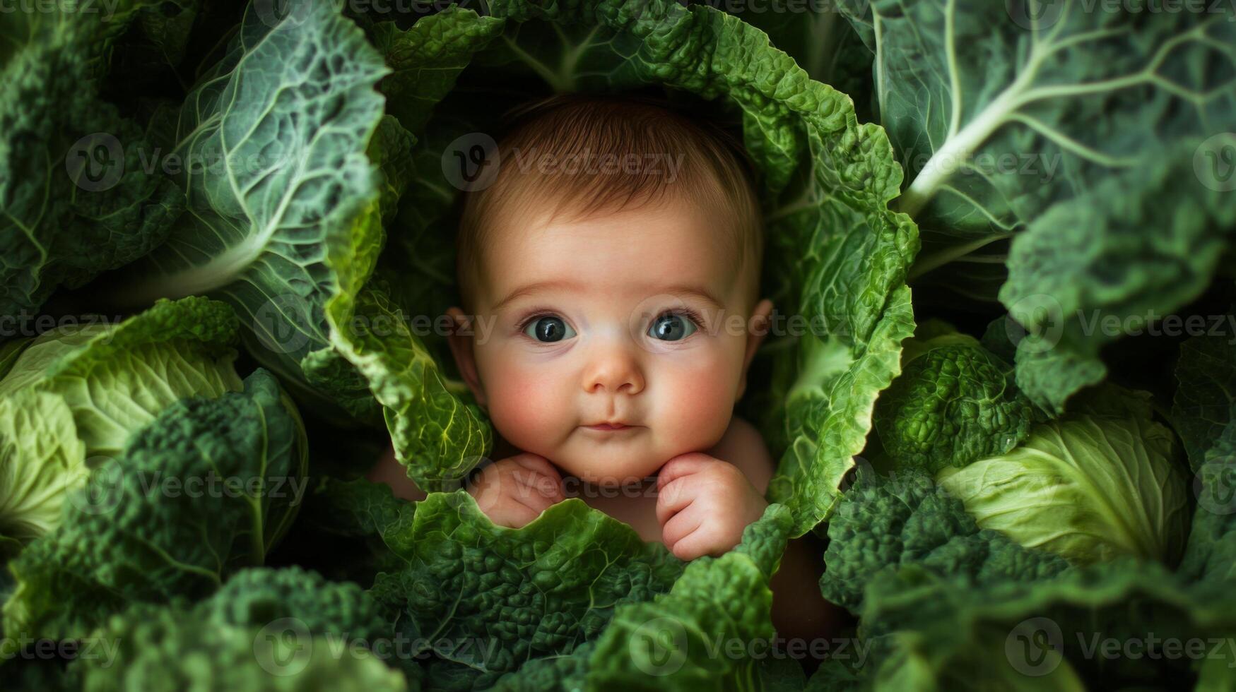 Newborn baby lying in fresh green cabbage. Cute funny child. Top view Happy childhood photo