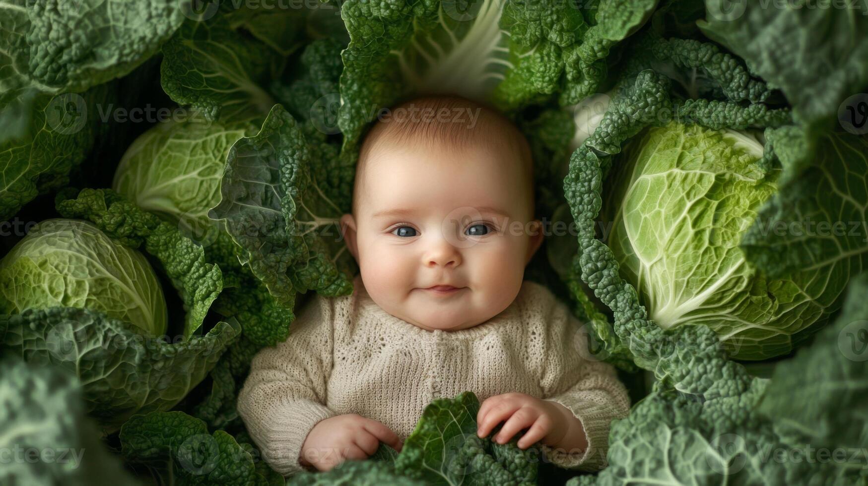 Newborn baby lying in fresh green cabbage. Cute funny child. Top view Happy childhood photo