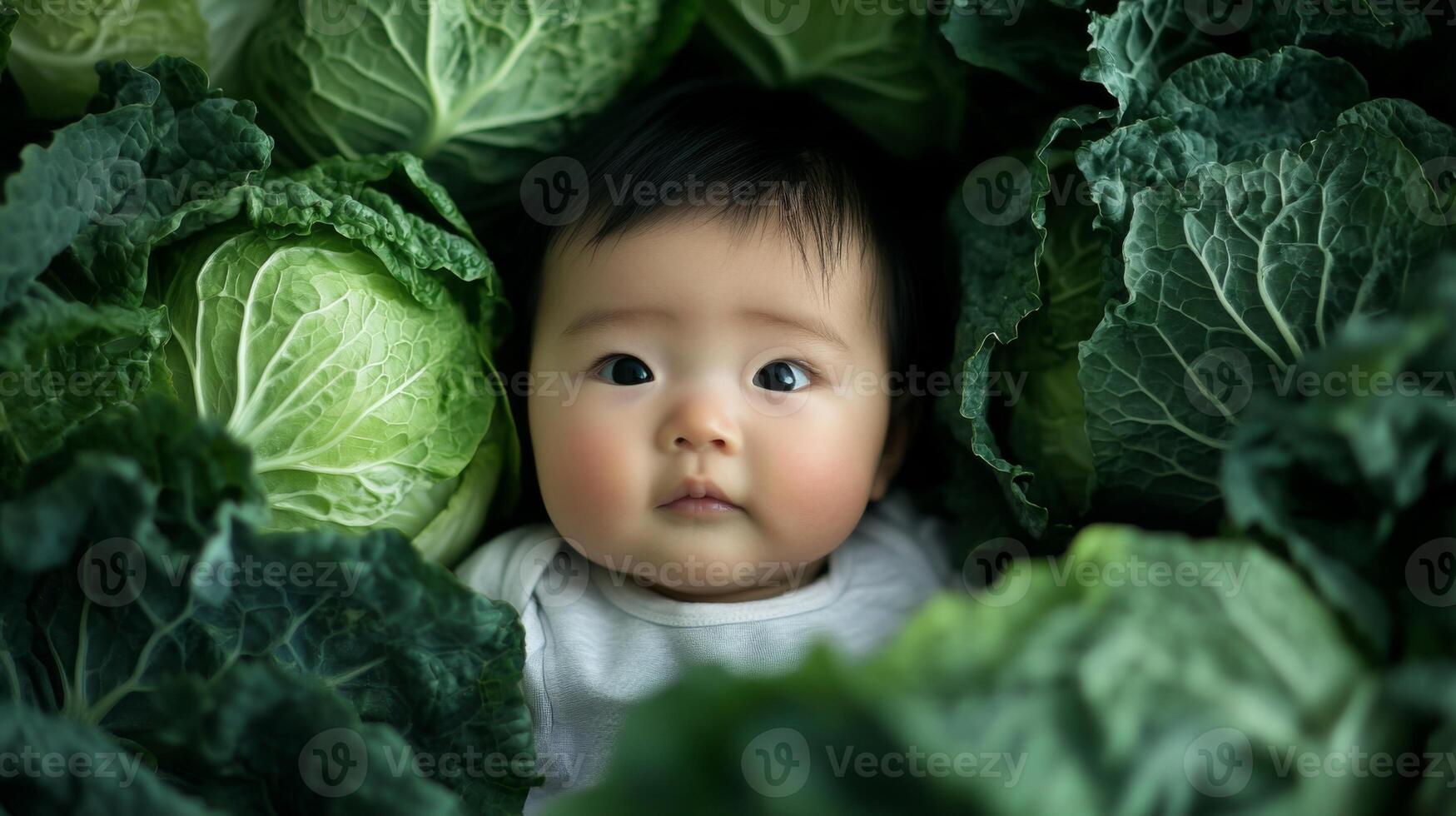 Newborn asian baby lying in fresh green cabbage. Cute funny child. Top view Happy childhood photo