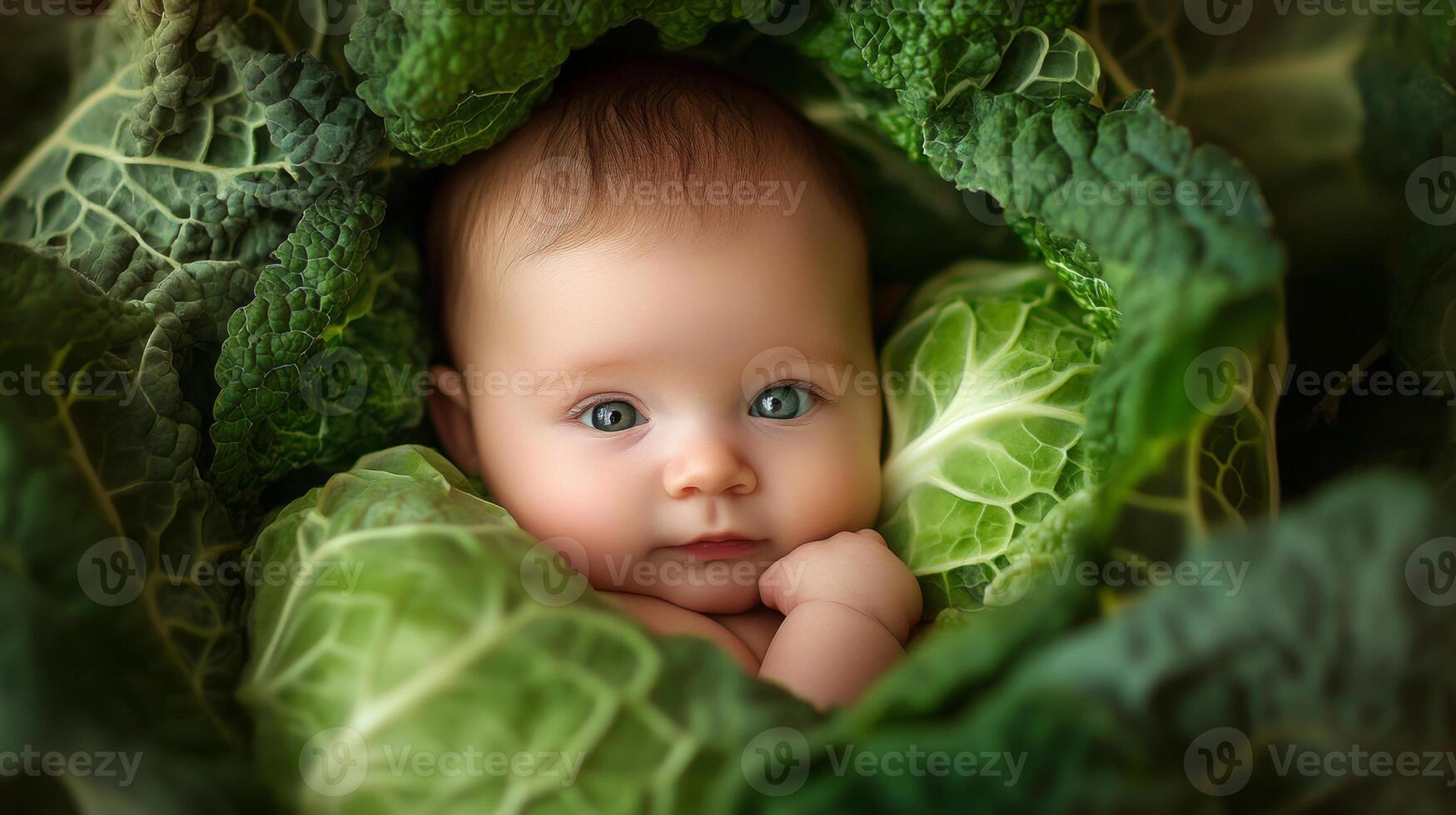 Newborn baby lying in fresh green cabbage. Cute funny child. Top view Happy childhood photo