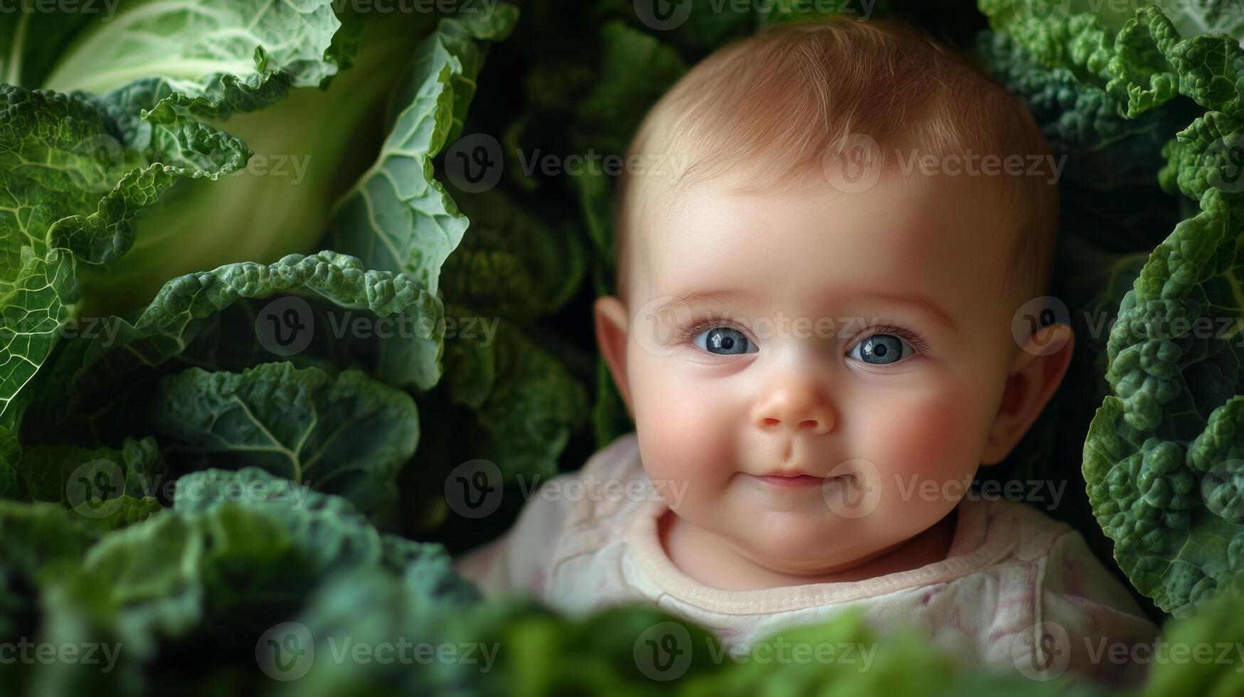 Newborn baby lying in fresh green cabbage. Cute funny child. Top view Happy childhood photo