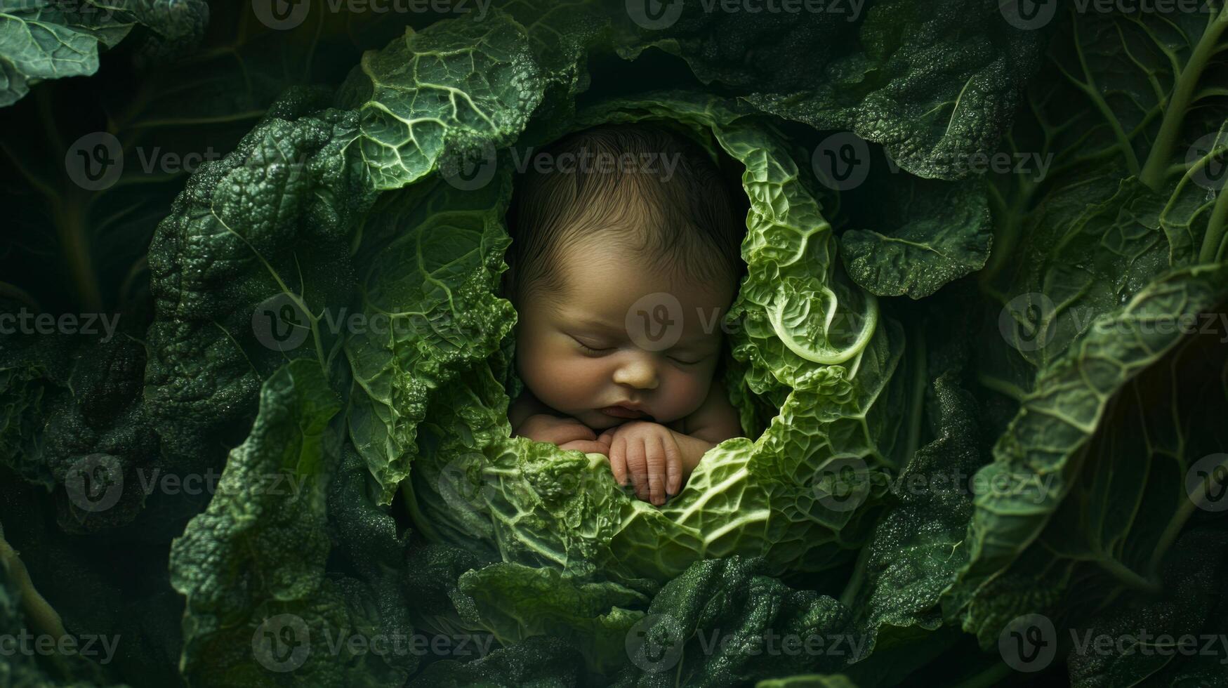 Newborn baby lying in fresh green cabbage. Cute funny child. Top view Happy childhood photo