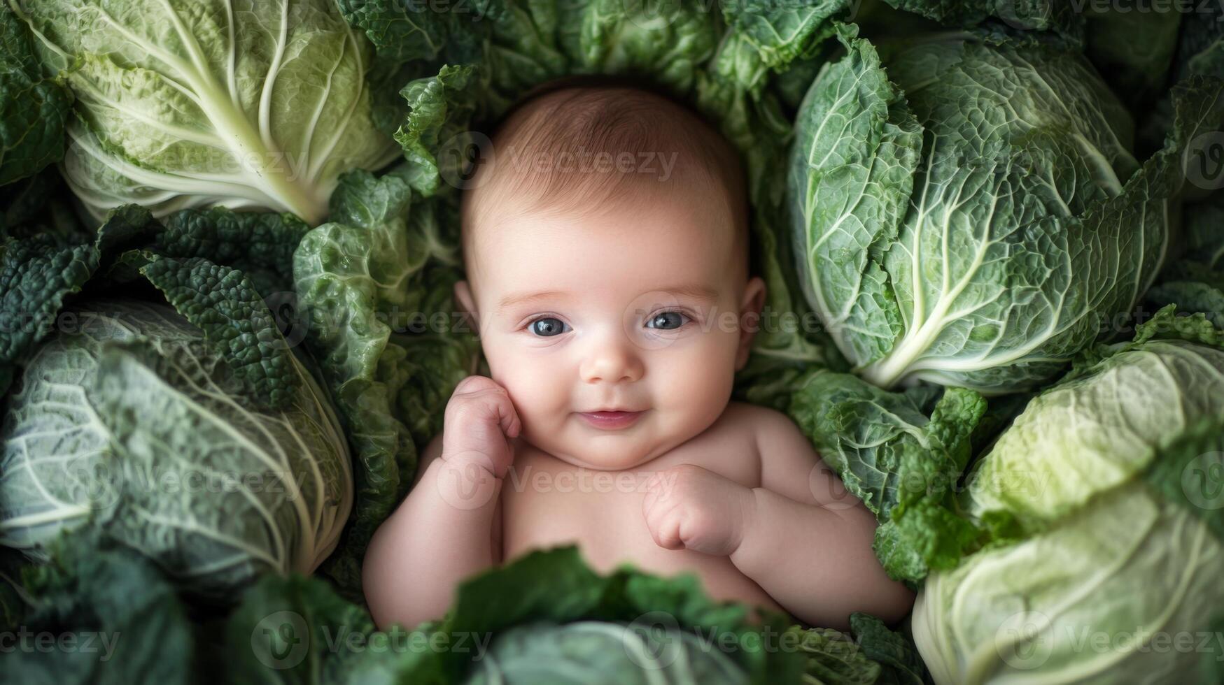 Newborn baby lying in fresh green cabbage. Cute funny child. Top view Happy childhood photo